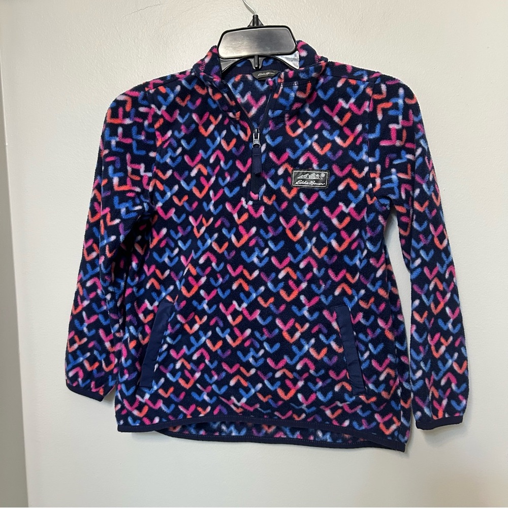 Eddie Bauer Youth Kids Quest Fleece Pullover Blue Printed Geometric Sz 10-12 EUC